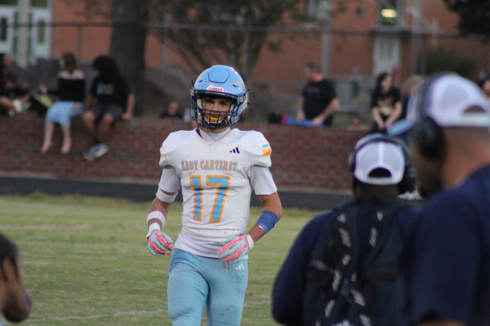 Conlan Elson #17 lined up, stadium crowd behind him